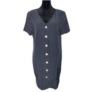 Vintage Ann Taylor 100% Silk Dress Iridescent Buttons Blue White Polka Dots Sz 4